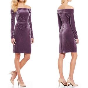 ELIZA J Velvet Off The Shoulder Dress Long Sleeve Short Sheath Purple Size 8 New